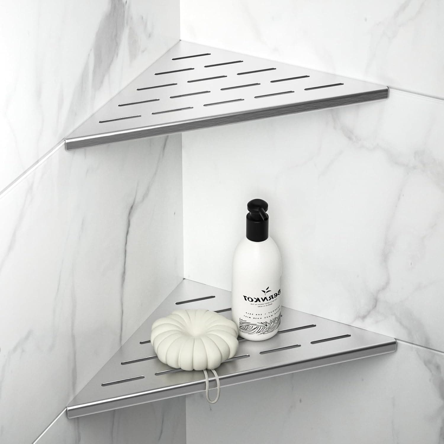 10'' Corner Shower Shelf 2PCS, 304 Stainless Steel Grout in Shelves for Tiled Wall, Recessed Bathroom Shelves, No Drilling Needed (10'', Silver)