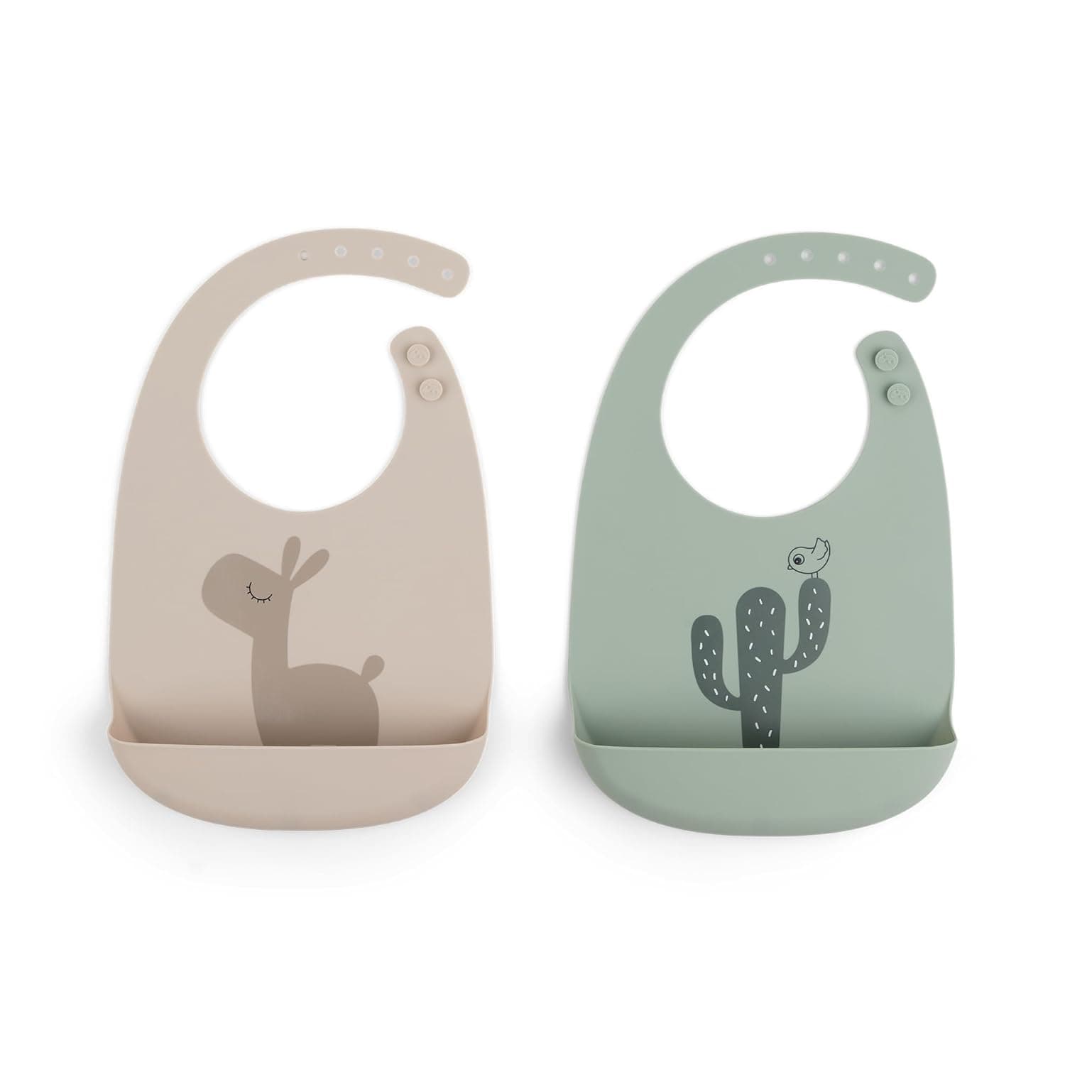 Done by Deer 2-Pack Silicone Bibs - Lalee Sand & Green, Waterproof, Adjustable, Large Pocket, Easy Clean - Baby Essentials, Fun Deer & Cactus Design