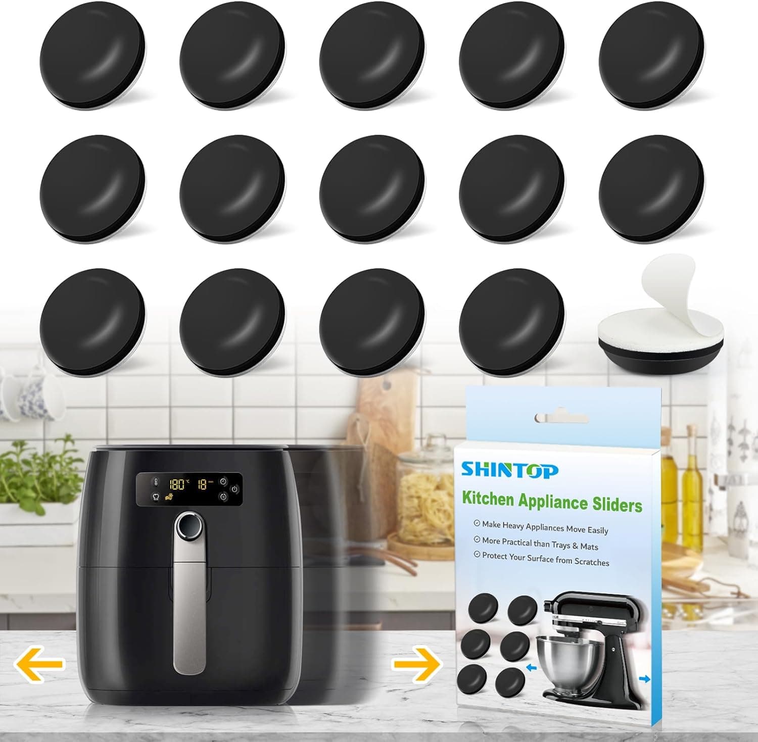 Kitchen Appliance Sliders, 16pcs Self Adhesive Small Appliance Sliders Easy Mover Space Saving Home Must Have Gadgets for Countertop Coffee Maker, Air Fryer (Black)