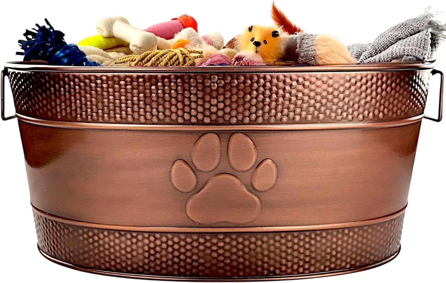 BREKX Indestructible Metal Dog Toy Bin - Copper Galvanized Storage Bin with Handles, Puppy Basket for Dog Storage, Blankets, & Leashes, Paw Pet Toy Box (25-Quart)