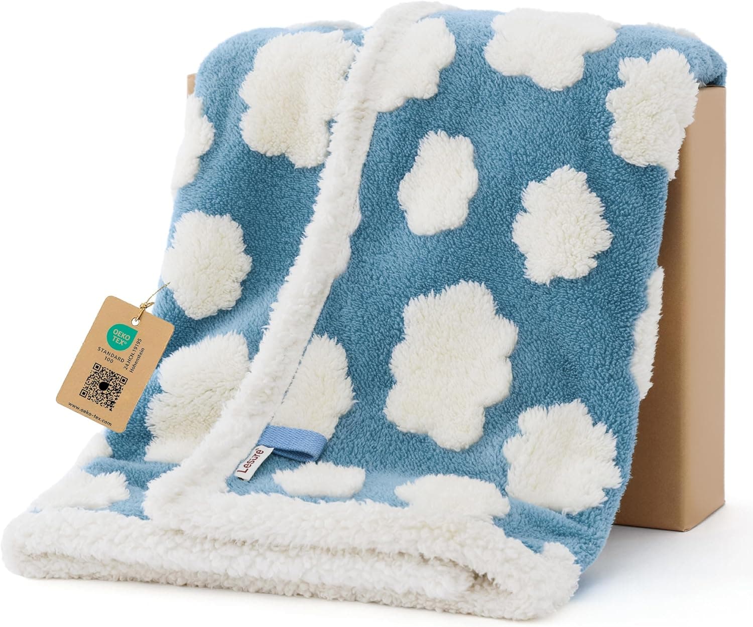 LE SURE Waterproof Puppy Blanket for Small Dogs - Washable Double Sided Dog Blankets with Warm Jacquard Shag and Soft Sherpa Fleece, Pet Cat Blanket for Couch Protection, 3D Textured Cloud, Blue