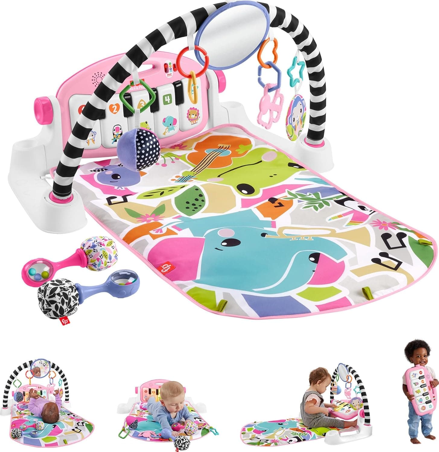 Fisher-Price Baby Musical Toy Set Glow and Grow Kick & Play Piano Gym Pink Playmat with 2 Rattle Maracas for Newborns Ages 0+ Months