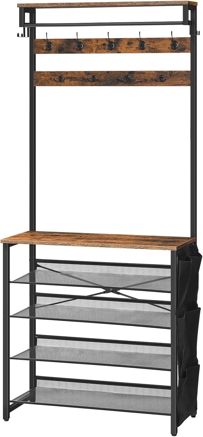 HOOBRO Hall Tree with Bench, Entryway Coat Rack with Shoe Rack, Shoe and Coat Rack, 5 Tier Shoe Storage Organizer with Oxford Fabric Side Pockets, Adjustable Mesh Shelves, Rustic Brown BF75MT01