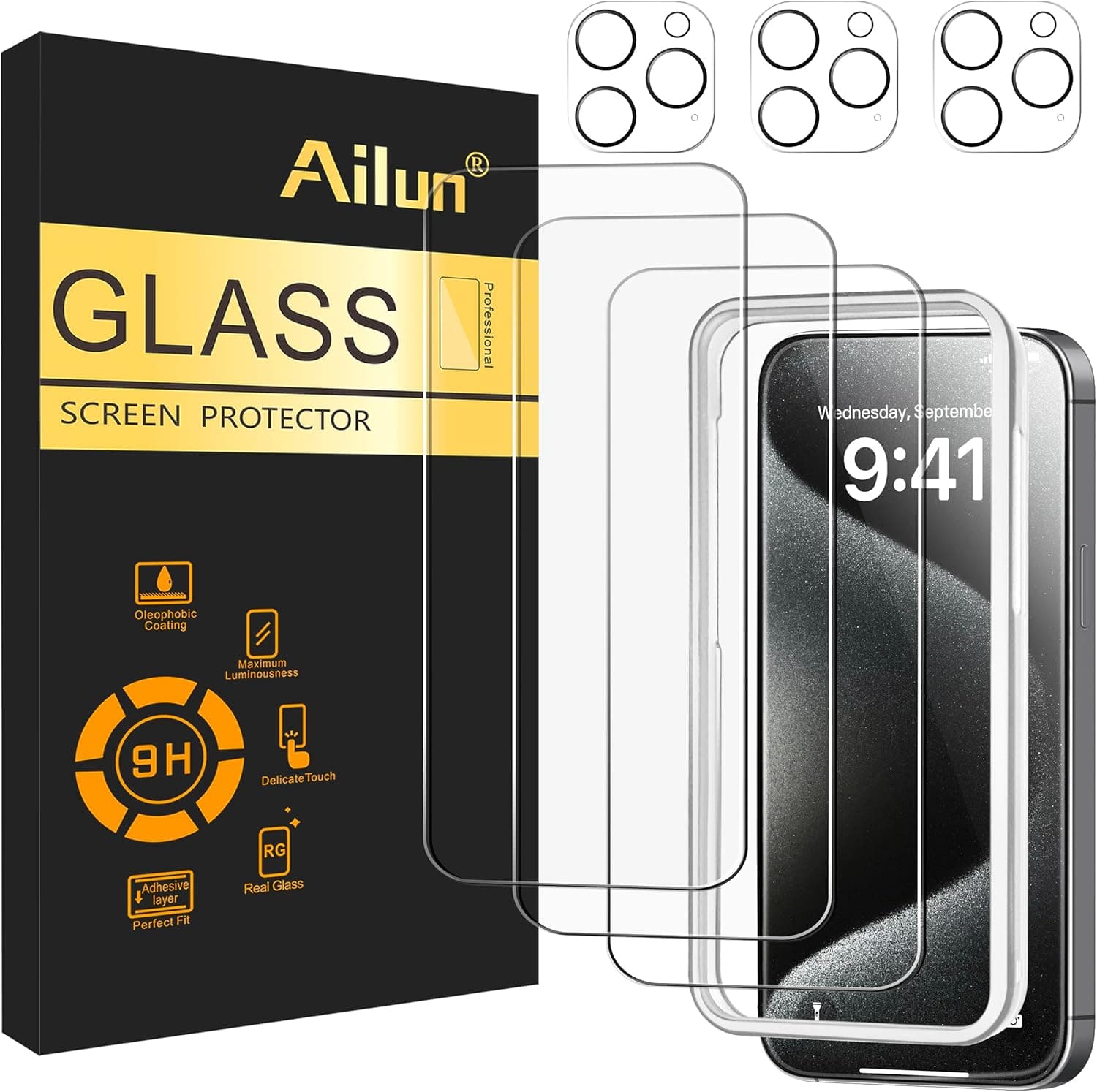 Ailun 3 Pack Screen Protector for iPhone 15 Pro Max [6.7 inch] + 3 Pack Camera Lens Protector with Installation Frame,Sensor Protection,Dynamic Island Compatible,Case Friendly Tempered Glass Film