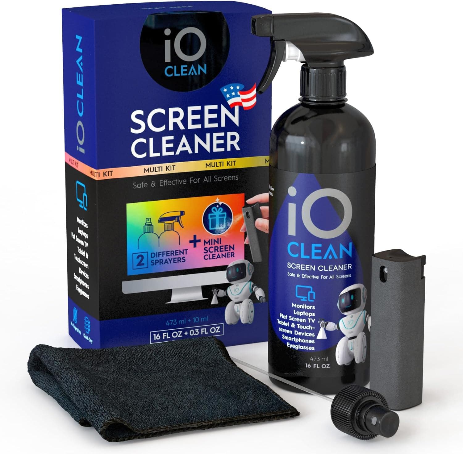 Screen Cleaner Spray (16oz + mini Cleaner) – Best Large Cleaning Kit for LCD LED OLED TV, Smartphone, iPad, Laptop, Touchscreen, Computer Monitor, Electronic Devices, Microfiber Cloth and 2 Nozzles