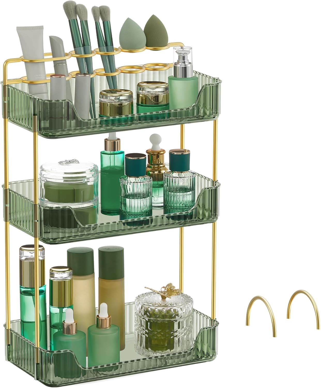 SONGMICS Makeup Organizer, 3-Tier Skincare Organizer Countertop, Customizable, 2 Types of Accessories, Jewelry Holder, for Vanity, Bedroom, Bathroom, Pale Green UJKA013C01