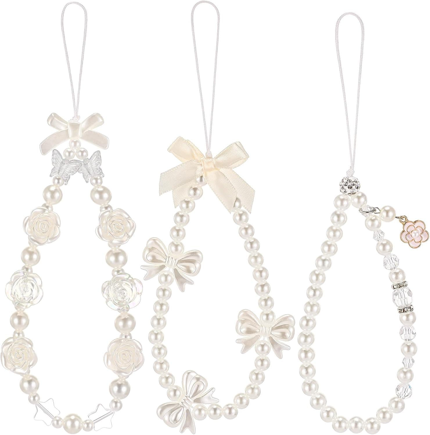 Ecally 3 Pcs Phone Charms Strap Camera Charm Strap Pearl Beaded Butterfly Bow Flower Cute Phone Wrist Lanyard Bracelet for Camera Keychain Wallet Decor Christmas New Year Gifts