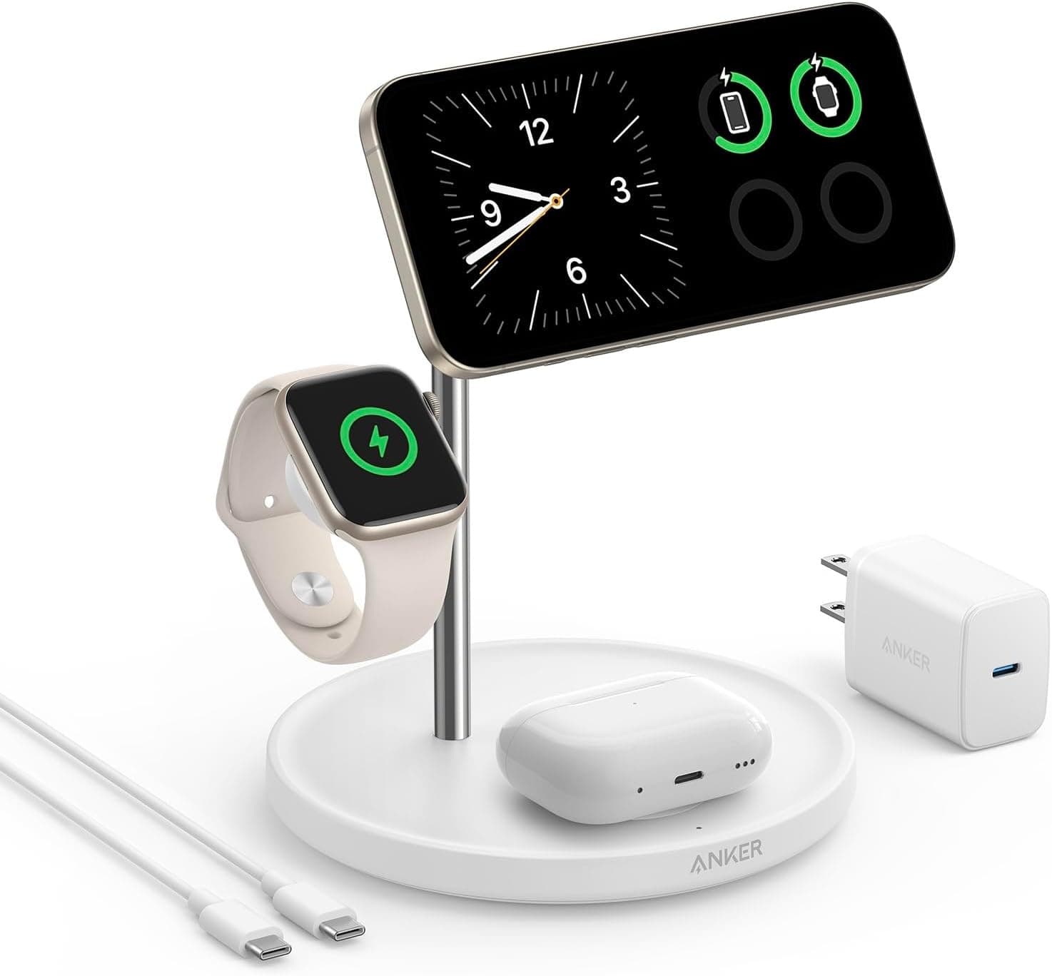 Anker MagSafe Charger Stand Compatible, iPhone 17 MagGo 3 in 1 Wireless Charging Station,Qi2 Certified 15W Wireless Charger, Desk Accessory, for iPhone 15/14/13/12 Series Apple Watch, AirPods