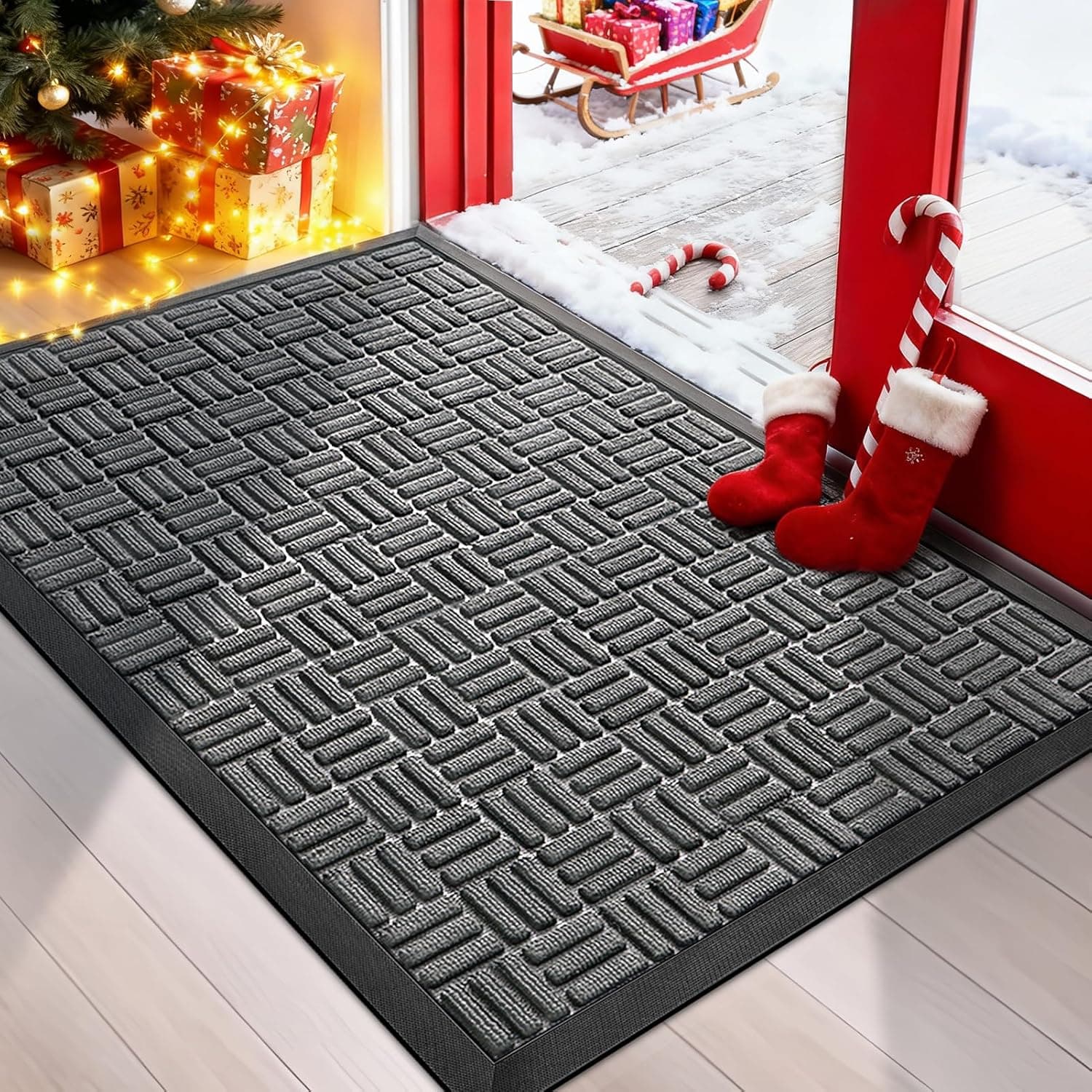 Mibao Front Door Mat, Heavy Duty Durable Welcome Mat for Outdoor Indoor, Dirt Trapper Waterproof Super Absorbent Door Mat for Entryway Outside Patio Porch, 29.5" x 17", Grey