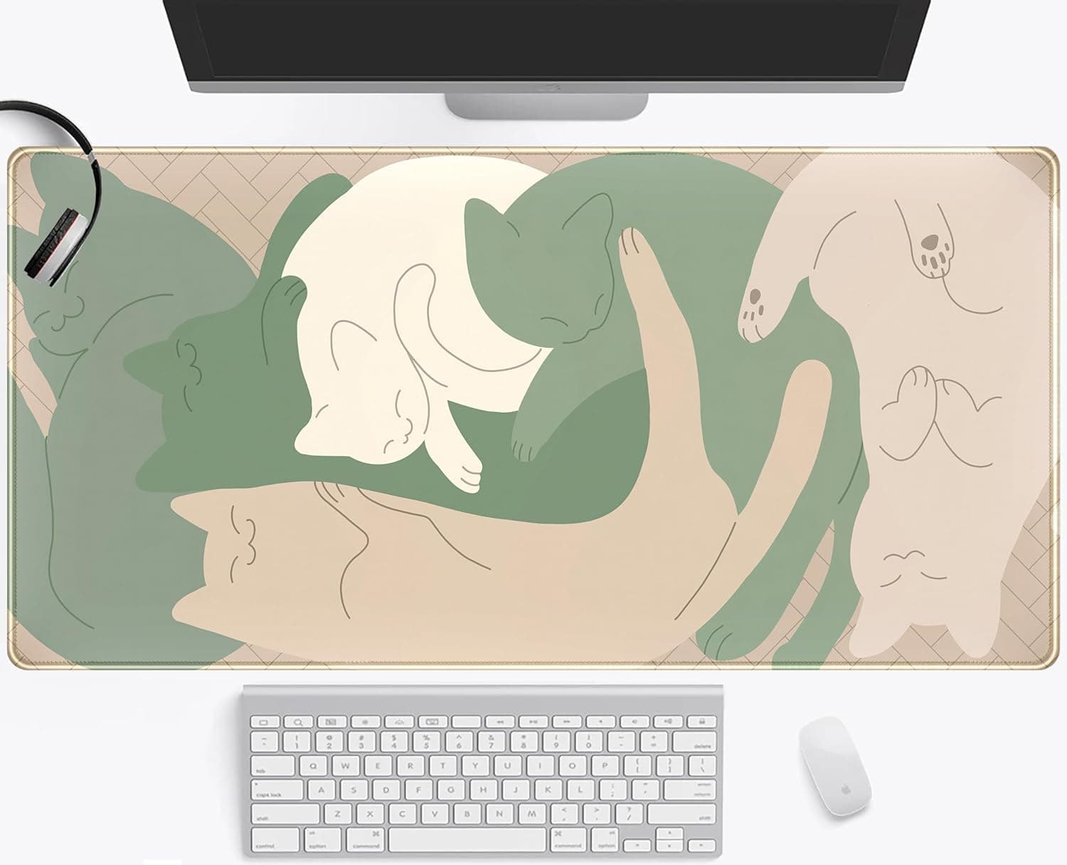 Cute Sleeping Cats Desk Mat Matcha Green Desk Pad, Minimalist Boho Mouse Pad XXL, Cream Tan Gaming Deskmat, Large Kawaii Keyboard Mat, Fun Office Decor Desk Accessories for Women 31.5"x15.75"