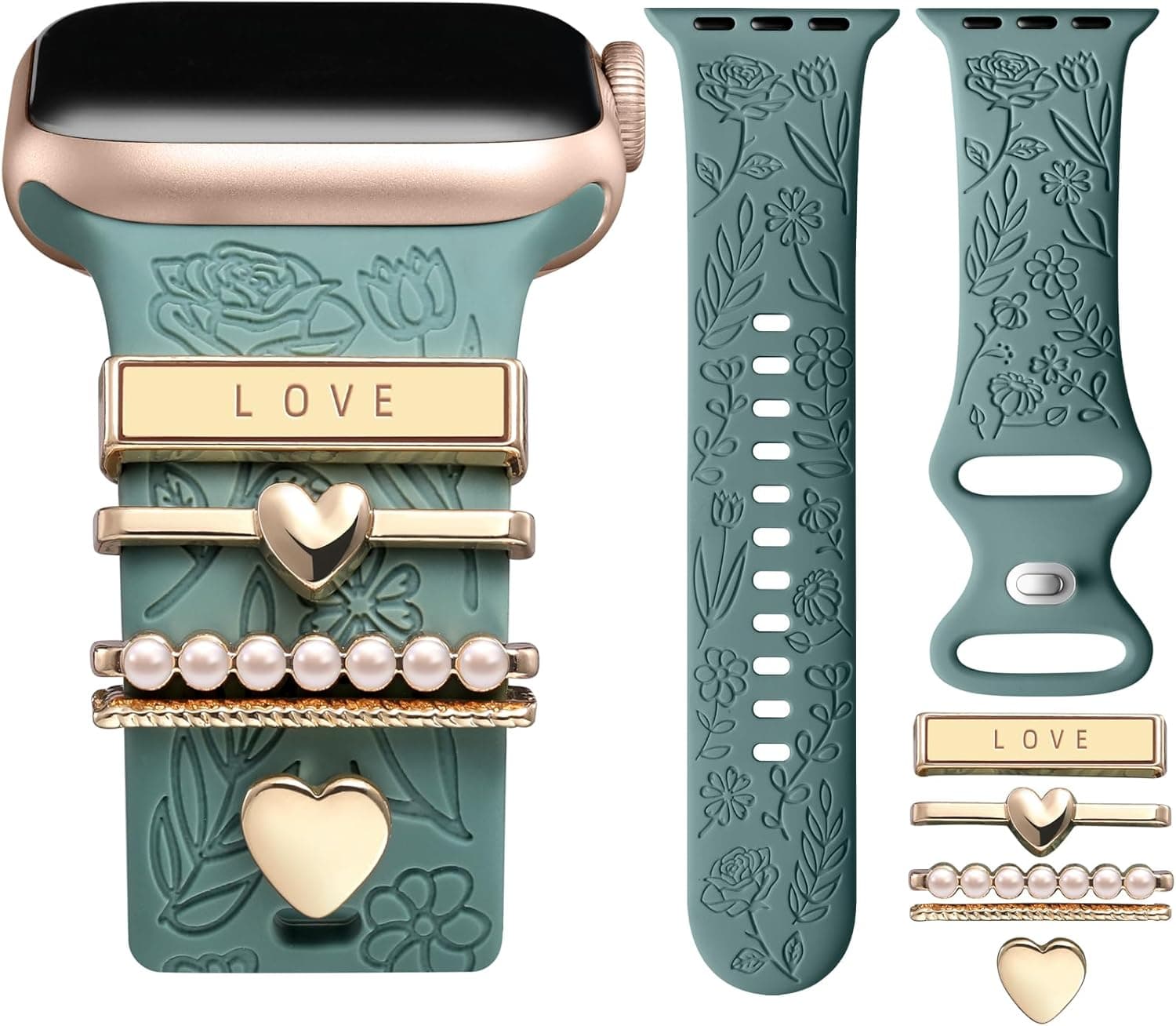 DaQin Flower Engraved Band Compatible with Apple Watch Bands for Women 40mm 38mm 41mm 42mm, Soft Silicone Strap With Dressy Decorative Apple Watch Charms for iWatch Series 11 10 9 8 7 6 5 4 3 2 1 SE