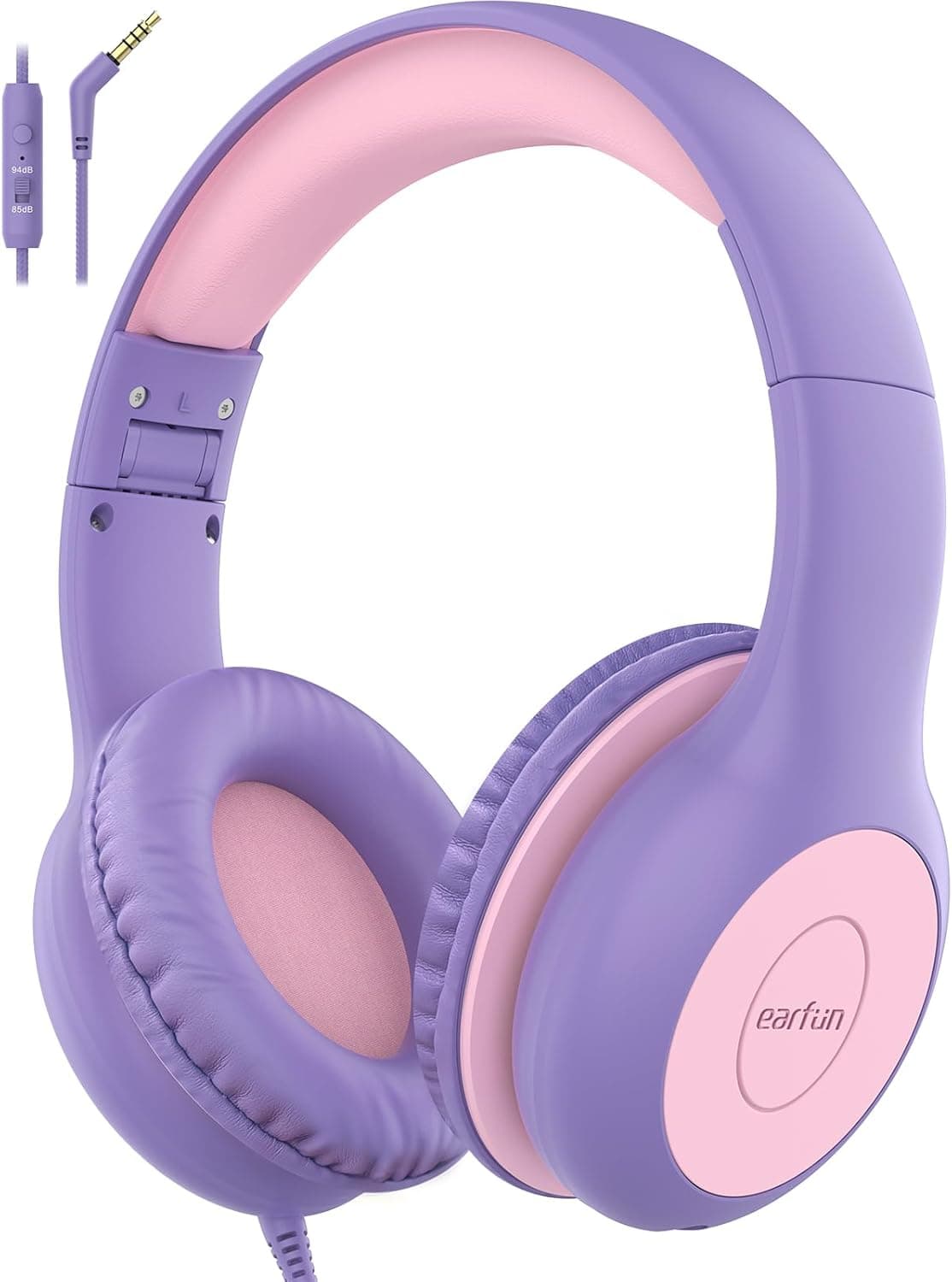 EarFun Kids Headphones Wired with Microphone, 85/94dB Volume Limit Headphones for Kids, Portable Wired Headphone with Shareport, Stereo Sound Foldable Headset for School/Tablet/iPad, Violet Pink