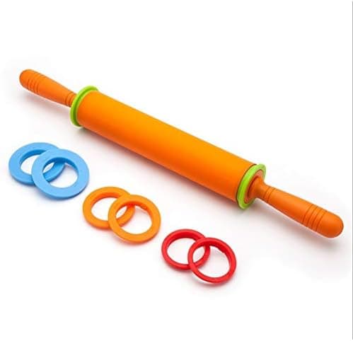 Adjustable Rolling Pin with Thickness Rings for Baking Cookie Chapati Fondant Dough Pastry Pizza Pie Crust Silicone Roller Pin 17.7 Inches with 4 Thickness Rings (Orange)