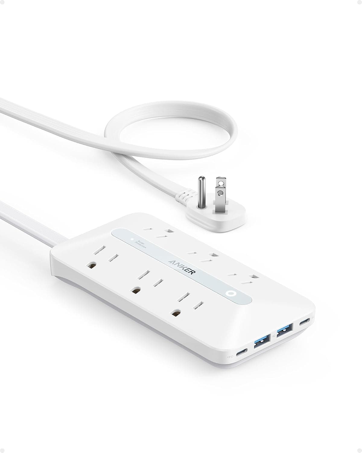 Anker Flat Plug Power Strip(300J) with 20W USB-C, 10-in-1 Ultra Thin Power Strip with 6 AC, 2 USB-A and C Each, 5 ft Extension Cord for Desk Charging Station/Home/Office/College/Dorm Essentials, White