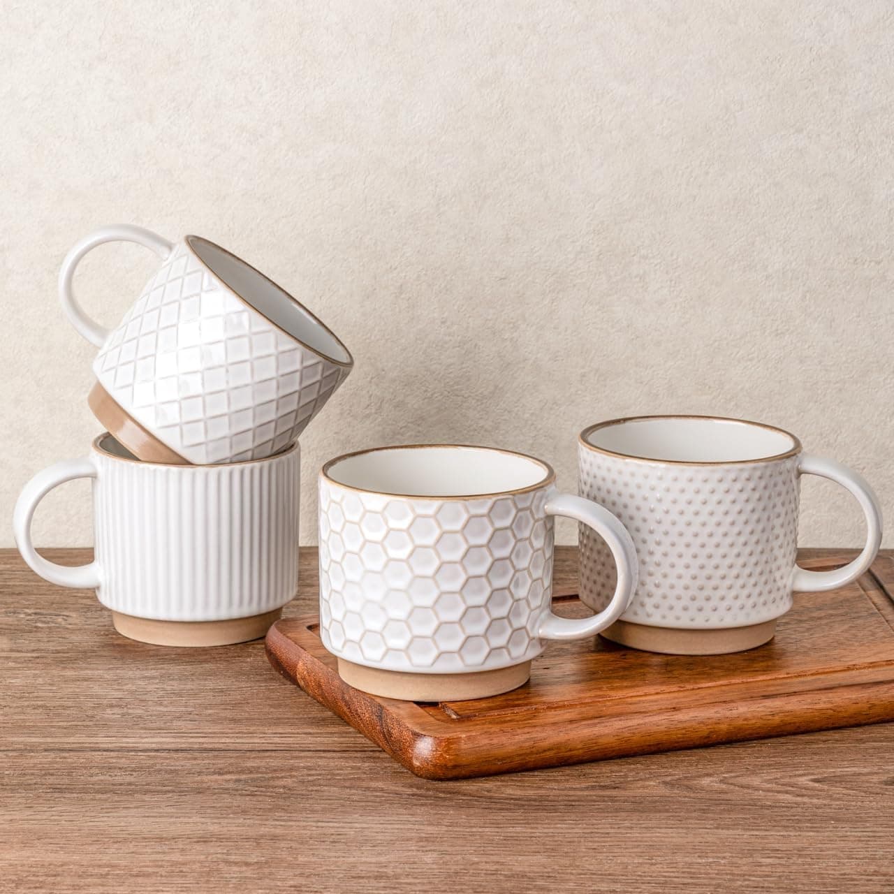 GBhome 15OZ Stackable Coffee Mugs, Ceramic Coffee Mugs with Texture Patterns for Man,Woman,Dad,Mom, Modern Coffee Mugs Set of 4 for Latte/Cappuccino/Cocoa. Dishwasher&Microwave Safe, Off White