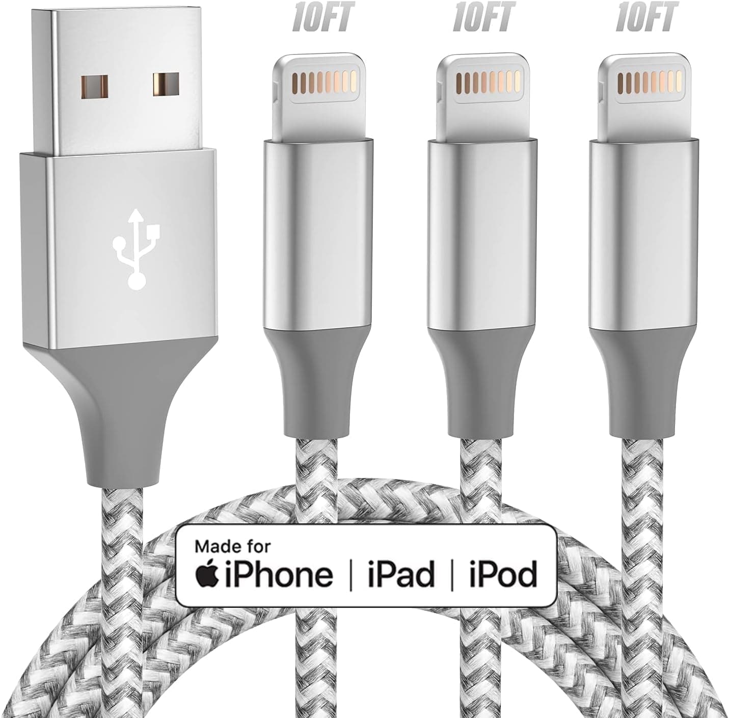 iPhone Charger 3pack 10FT Apple MFi Certified Long Lightning Cable Fast Charging High Speed Data Sync USB Cable Compatible iPhone 14/13/12/11 Pro Max/XS MAX/XR/XS/X/8/7/Plus/6S (Grey White)