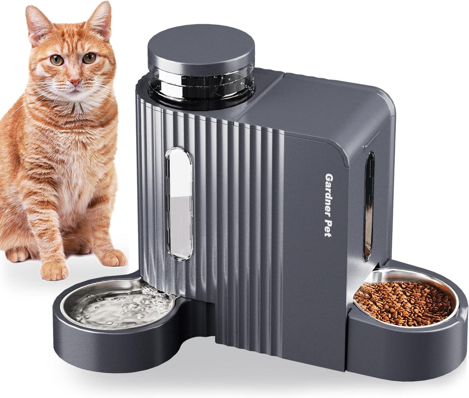 Gardner Pet Automatic Gravity Cat Food Feeder and Water Dispenser Stainless Steel Two-in-One Set Large Capacity Dispenser for Pets Dogs, Puppies, Kittens-(0.8 Gallons x 2)