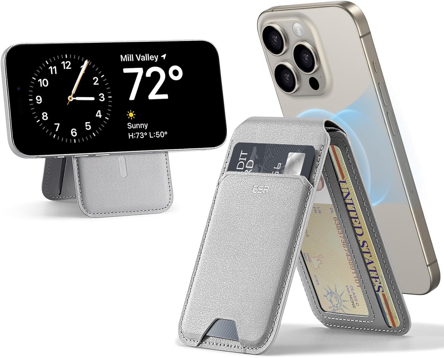 ESR Magnetic Wallet, Compatible with MagSafe Wallet with Adjustable Stand, for iPhone 17/16/15/14/13/12 Series, Not for iPhone 13/12 mini, 3 Card Holder, Vegan Leather, Grey