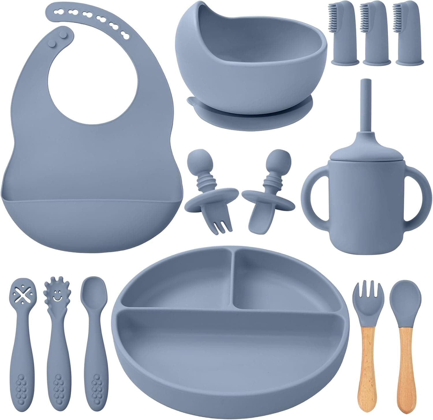 LITTLE RAWR Silicone Baby Feeding Set 14 Pcs,Baby Led Weaning Supplies, Baby Spoons Suction Bowl Divided Plate Bib Cup Finger Brush,First Stage Solid Food Eating Utensils - 6+ Months(Blue Gray)