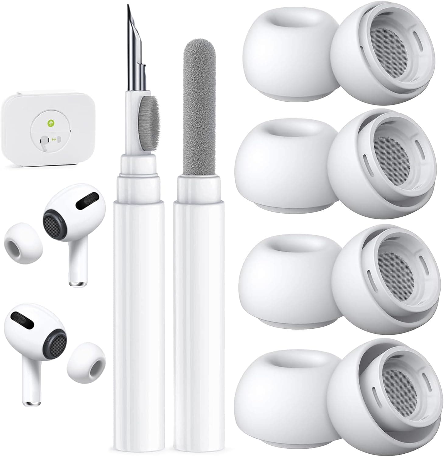 4 Pairs Replacement Ear Tips for AirPods Pro 2nd/1st Generation,Noise Reduction Holewith & Built-in dust Guard Screen,with Cleaner Pen Silicone Ear Tips for USB-C Charging Case (XS/S/M/L)-White