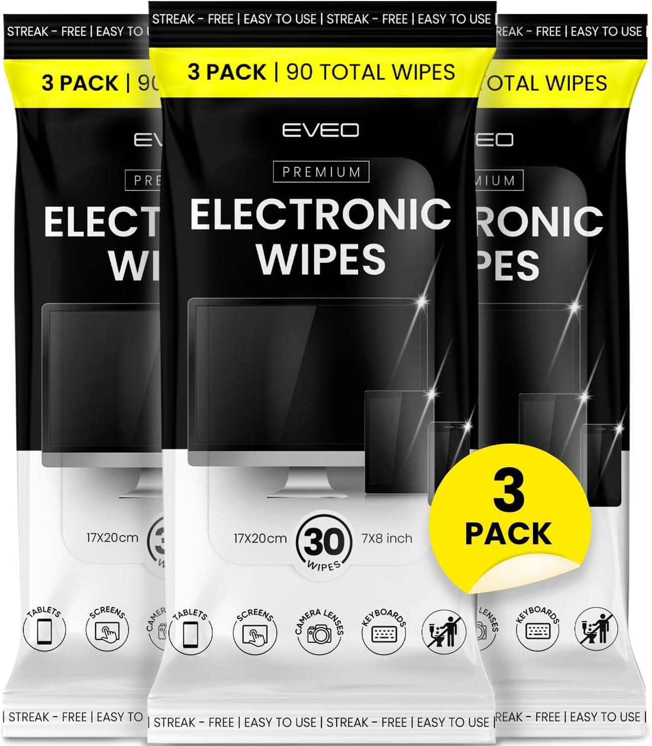 EVEO Electronic Wipes Screen Cleaner - Screen Wipes TV Screen Cleaner Wipes, Computer Screen Wipes, Laptop Screen Cleaner, ipad & Monitor Cleaner, Screen Cleaning Wipes - [90 Wipes + Microfiber Cloth]