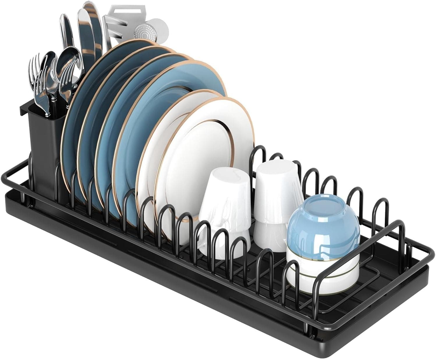 Compact Small Dish Rack Sink Drying Rack with Silicone Mat, Stainless Steel Dish Drainer for Kitchen Cabinet, Kitchen Sink Rack,Dish Holder, Black
