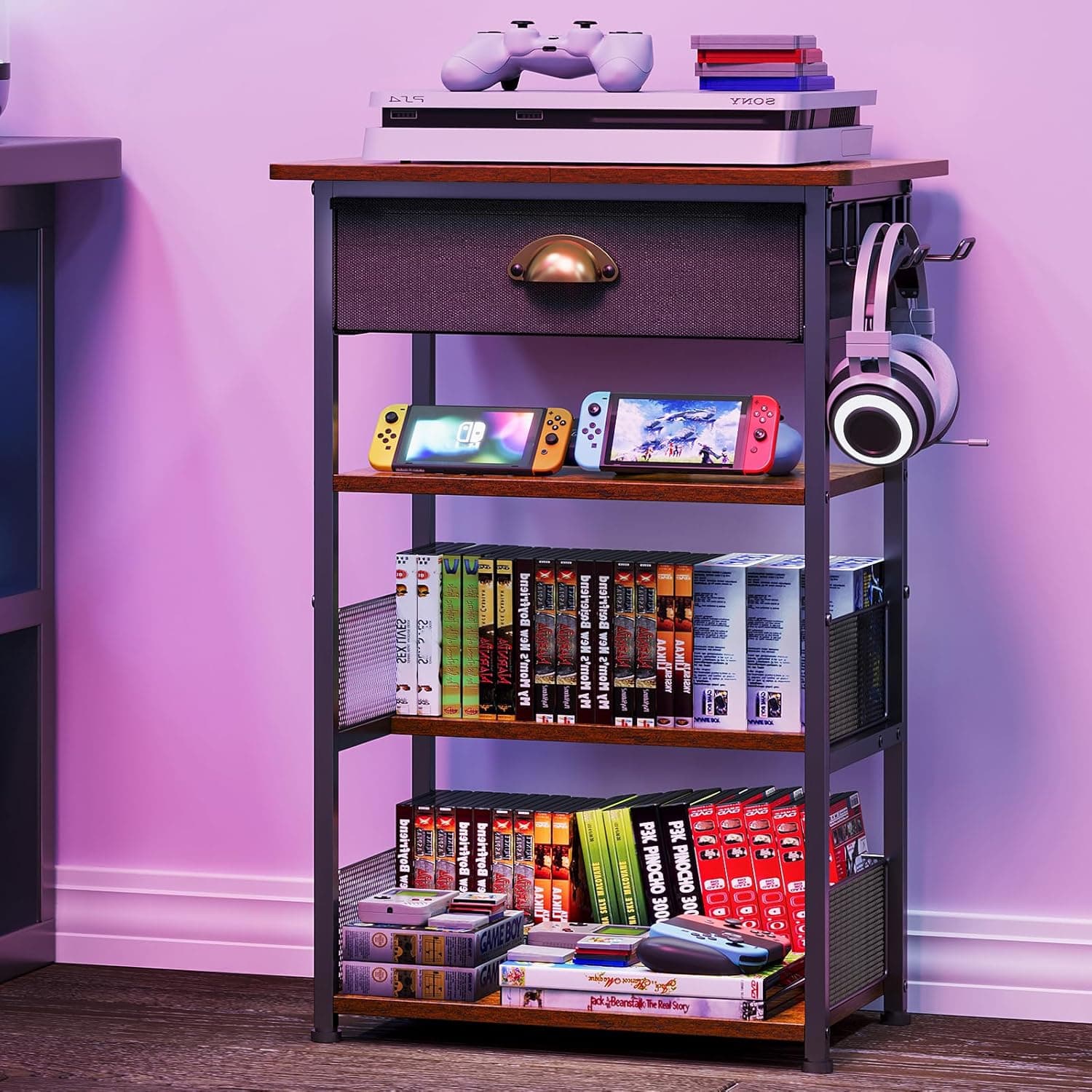 4-Tier AV Media Stand with Drawer, Video Game Console Shelf with 2 Hooks, Audio Rack Tower Perfect for/Xbox/ PS5/Switch/Game Consoles/DVD/Record Player/Projector/Sky Box/TV Accessories