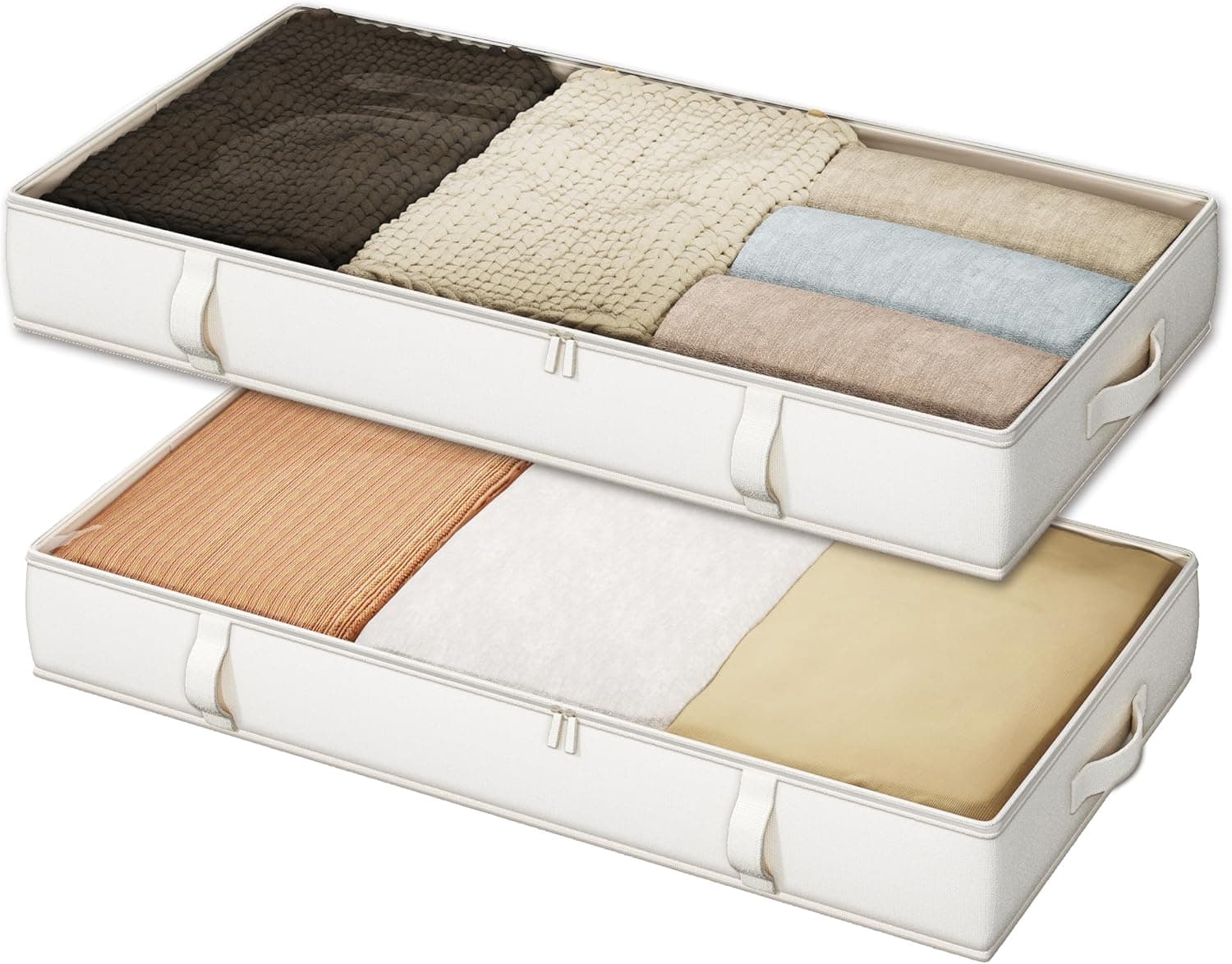 Vailando Storage Containers, 6 Inches Tall 60L Underbed Storage Bins with Sturdy Handles and Sidewalls, Closet Organizer for Clothes, Blankets, Seasonal Items, Beige, 2-Pack