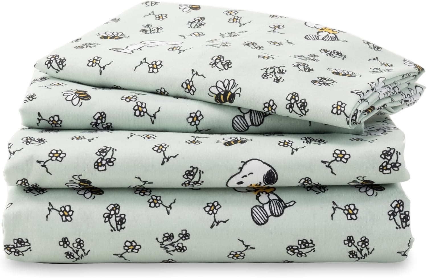 Berkshire Blanket Peanuts® Kids Sheet Set Full Size - 4 Pieces,Cute Character Snoopy Printed Soft Microfiber Bed Sheets,Mini Snoopy & Woodstock New Flower and Bees Sage