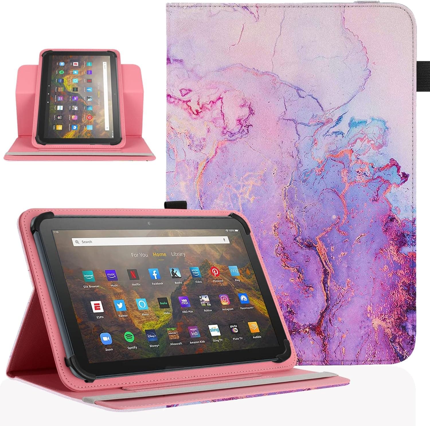 Universal 10-10.1 Inch Android Tablet Case, 360 Degree Rotatable Kickstand Multiple Viewing 9.5"-10.5" Protective Cover for Touchscreen Devices, Marble Purple