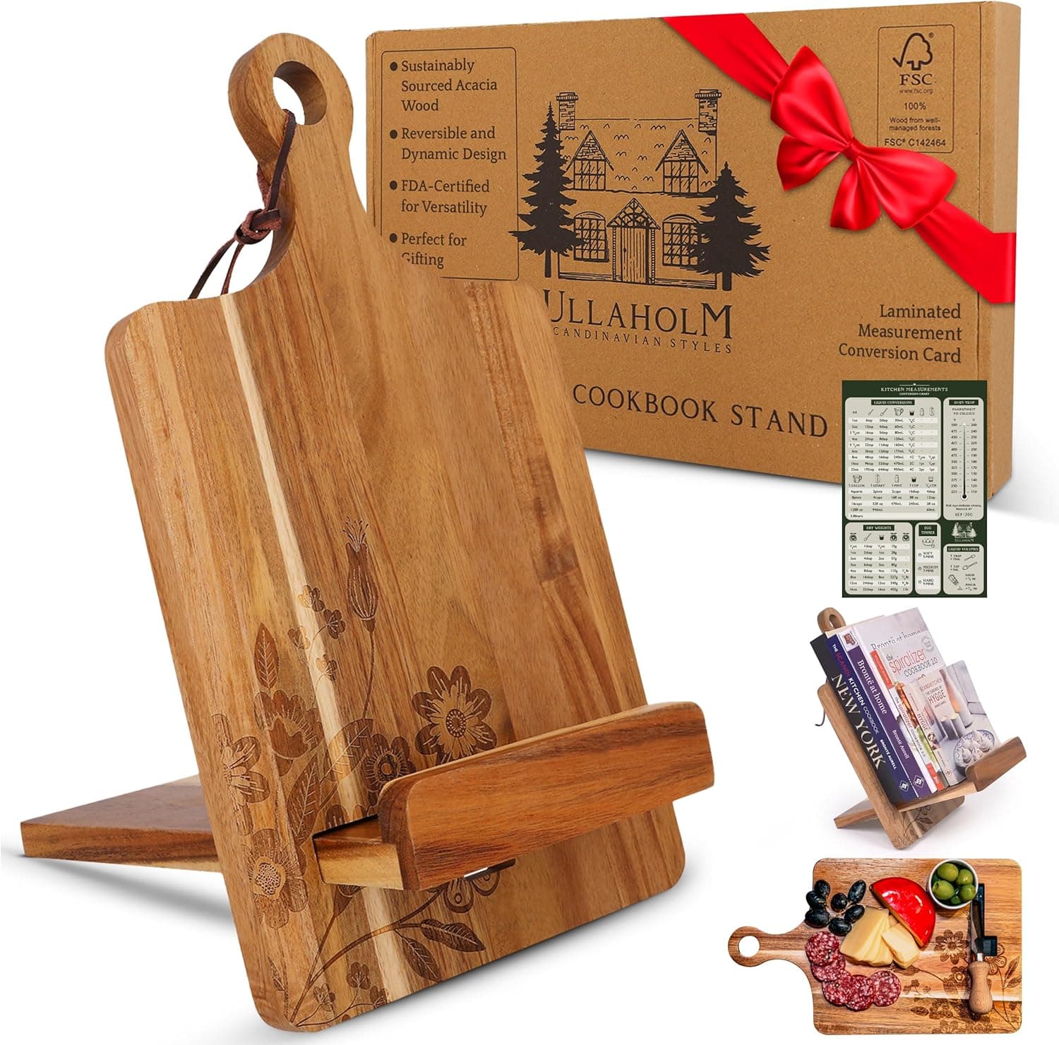 Wood Cookbook Stand for Kitchen Counter - Reversible Wooden Recipe Book Holder Stand with Cooking Measurement Conversion Card - Gift-Ready Adjustable Tablet Cook Book Holder with Charging Cable Slot