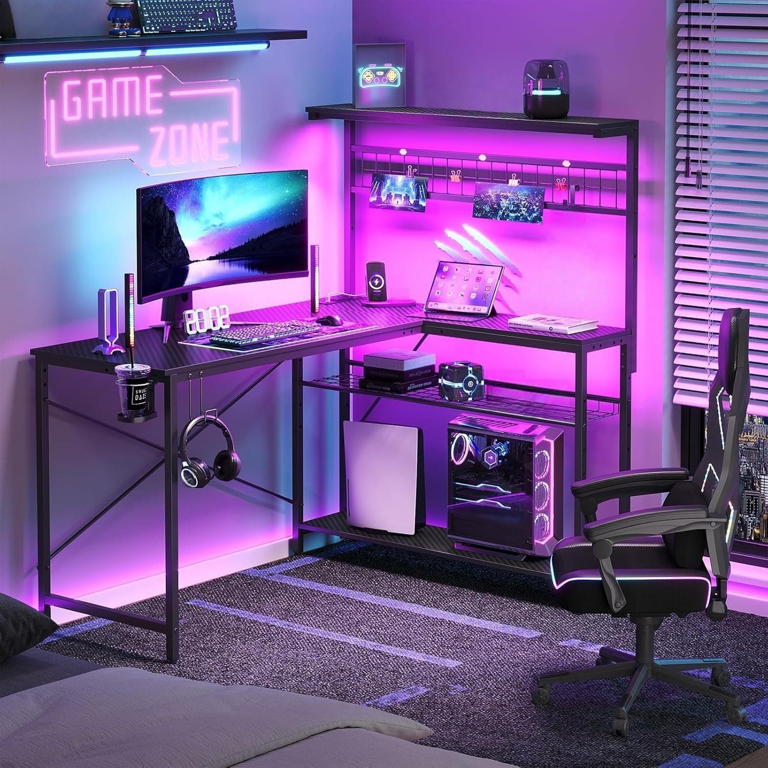 Bestier Gaming Desk 51" L-Shaped, with Power Outlets & LED Lights- 4 Tier Shelves, Reversible Gamer Table with Hooks & Cup Holder for Home Office Carbon Fiber Black