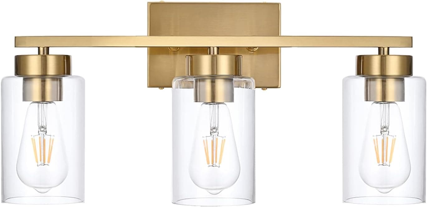 3-Light Bathroom Vanity Light, Modern Brushed Gold Wall Lights with Clear Glass Shades, Bathroom Wall Sconce Lamp for Mirror Living Room Bedroom Hallway