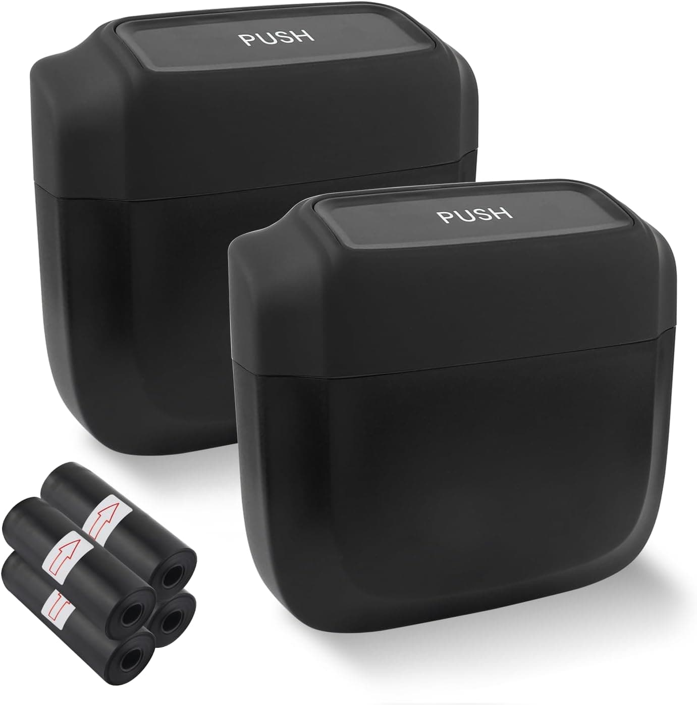 2PCS Car Trash Can with Lid + 60PCS Garbage Bags,Mini Trash Can Interior Accessories for Door/Seat/Center Console/Home/Office,Multifunctional Car Organizers and Storage (Black)