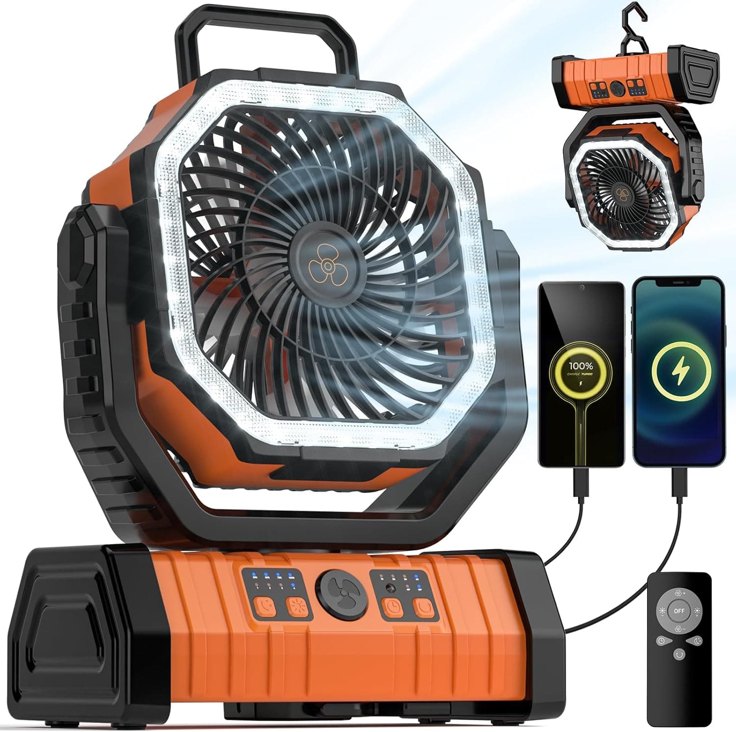 Camping Fan - 20000mAh Battery Powered Fan Rechargeable with LED Lantern - Portable Outdoor Tent Fans with Hanging Hook 4 Speeds Wind Remote Control, Black and Orange