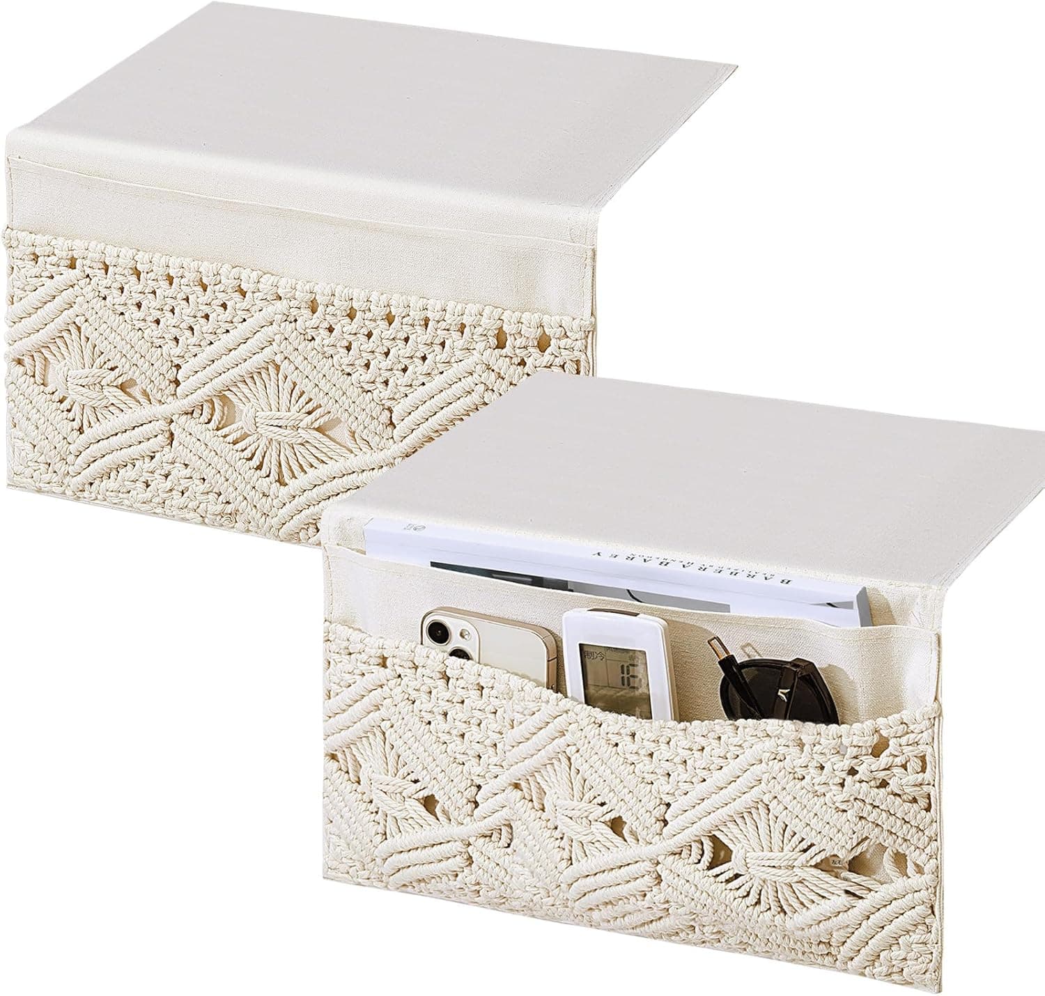 JaGely 2 Pcs 17.3 x 13 Inch Macrame Bedside Caddy Storage Organizer Hanging Boho Remote Control Holder Bedside Storage Basket for Home Couch Tablet Magazine Holder for TV Remote Control Living Room
