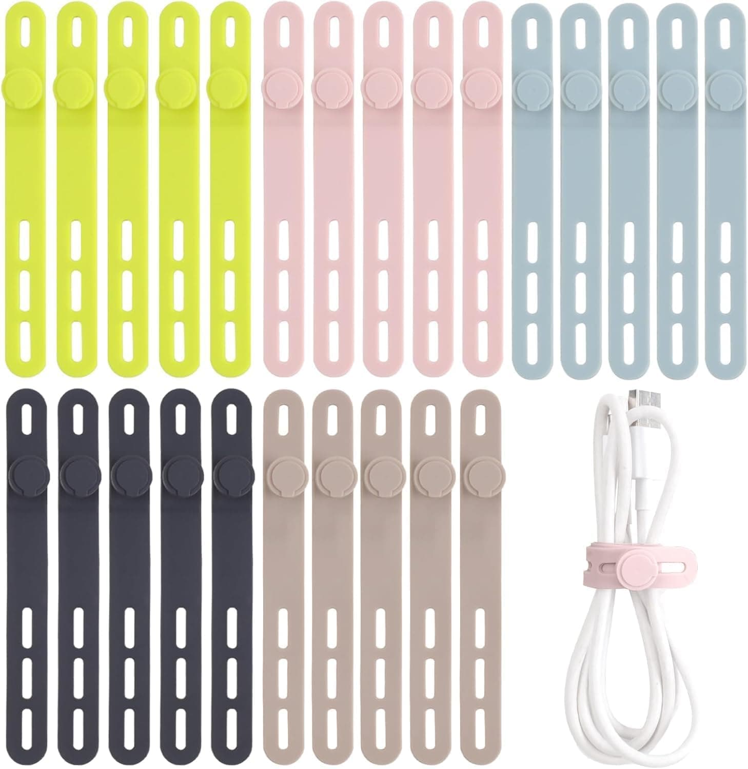 Oligei 25 Pcs Silicone Cable Ties, Cable Ties Reusable, High Elasticity Cord Wraps for Electrical Cords, Cord Organizer for Earphone, Phone Charger(Colorful)