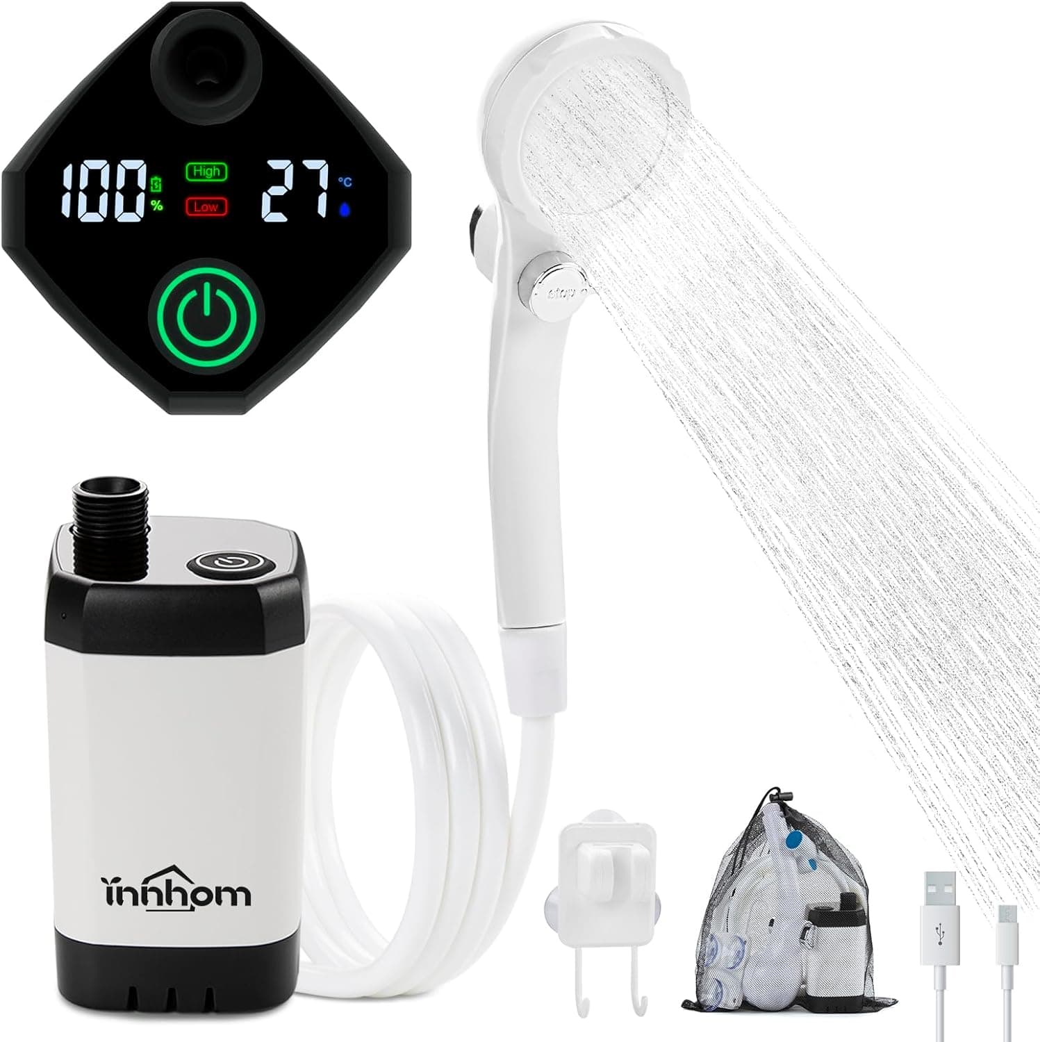 innhom Portable Camping Shower, 6000mAh Rechargeable Camp Shower Pump with LED Display, 2 Mode Electric Portable Shower for Camping, Hiking, Travelling, Washing