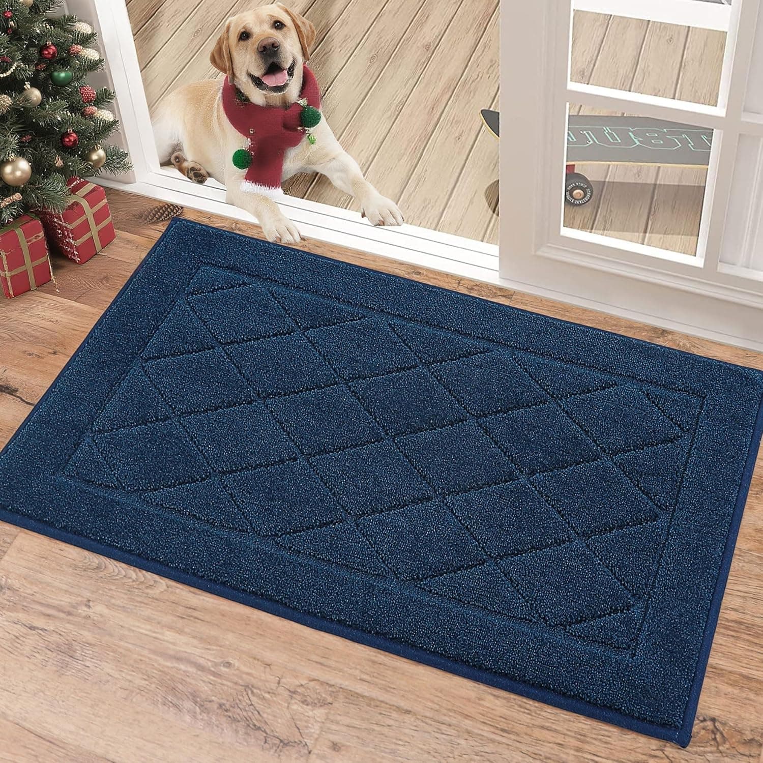 BEQHAUSE Dirt Trapper Door Mat 20" x 32", Doormat Non-Slip Entryway Rugs Washable, Dog Door Mat Stain Resistant and Absorbent Welcome Floor Mat for Front Back Door, Mud Wet Shoes & Paws, Navy Blue