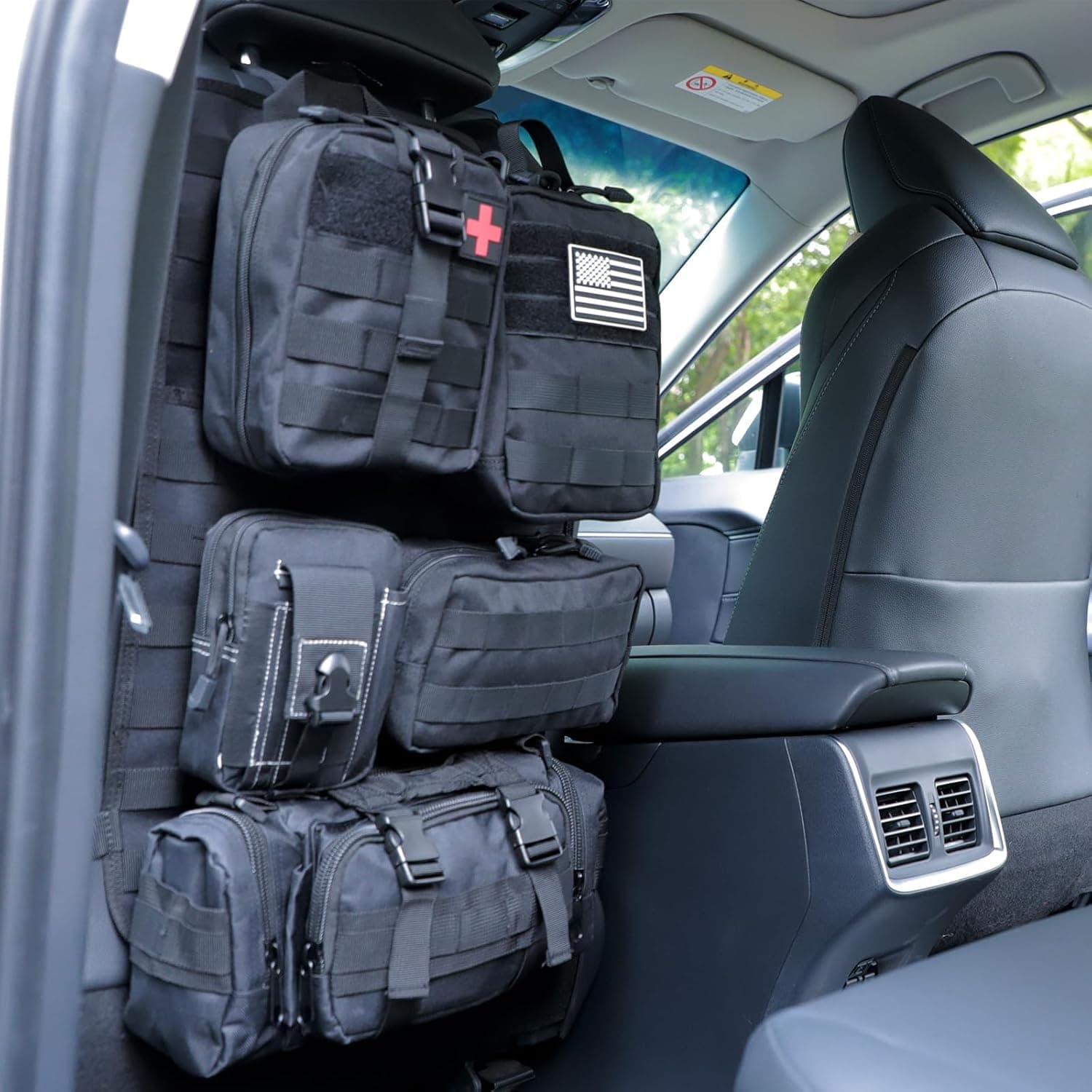tactical car seat back organizer and storage truck seat covers with a Molle Vehicle Panel and 5 Different Size Molle Pouches for most models such as Jeep,SUV,Pickup(Black)