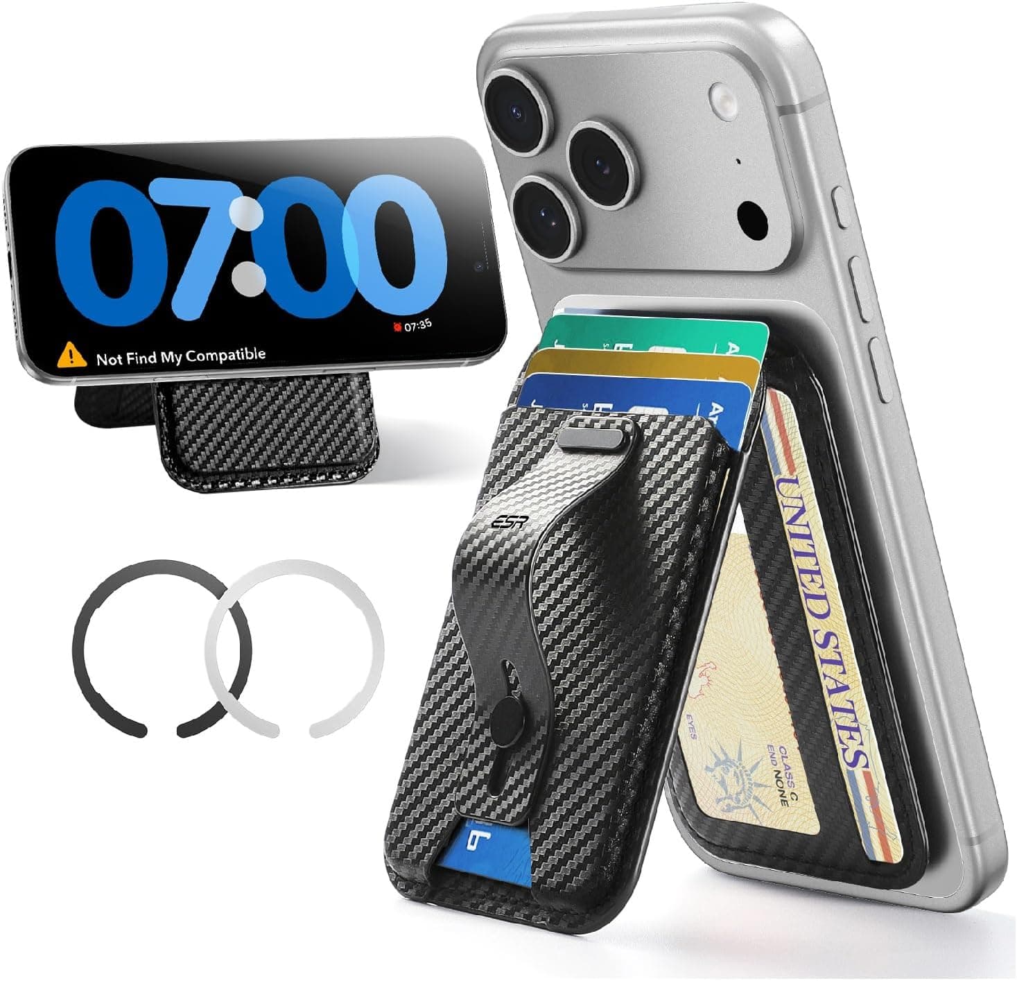 ESR for MagSafe Wallet Stand w Grip, RFID Blocking w MagSafe Ring, 5 Card Holder for Phone Case, Magnetic Wallet for iPhone 17/16/15/14/13/12(Not for Mini), Selected Samsung, Black Carbon Fiber