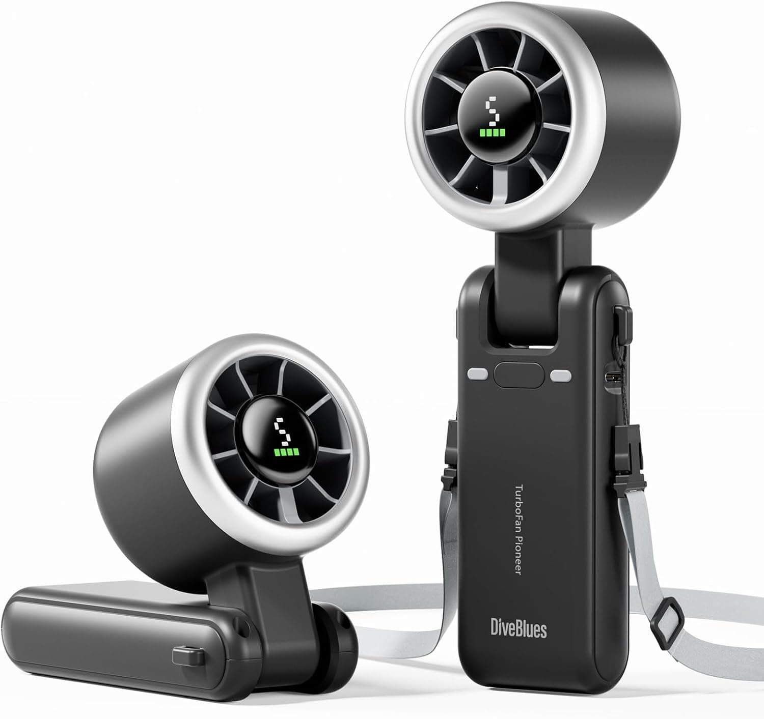 Diveblues Portable Handheld Turbo Fan, 5 Gear Wind, Battery Operated, Up to 12 Working Hours, 3 IN 1 Hand Fan with Air Turbo Tech Cooling Fan for Outdoor Activities, Travel, Working, Obsidian black