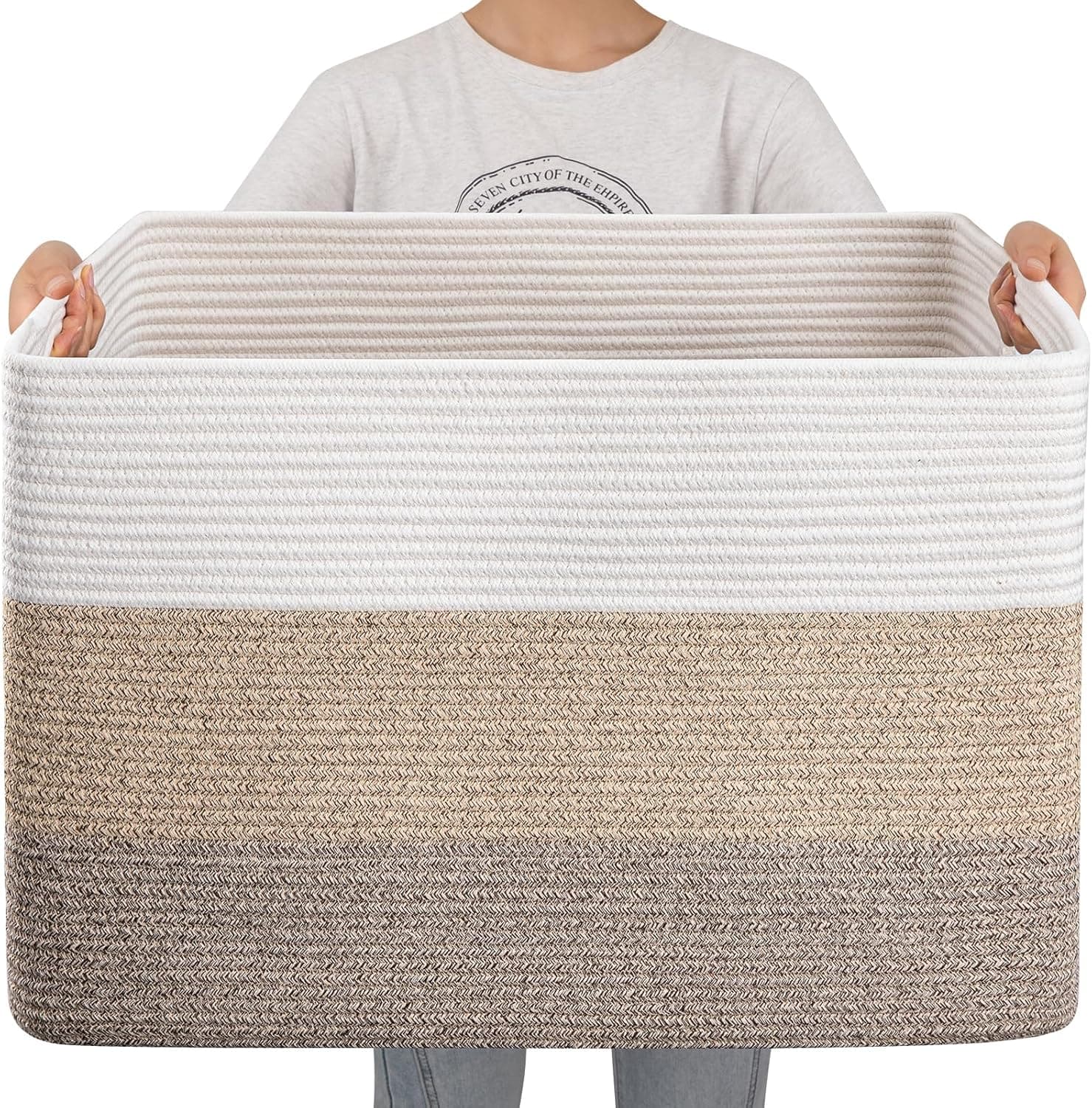 OIAHOMY 108L Super Large Blanket Basket, 25”x16”x16”(108L) Rectangle Woven Baskets for Storage, Cotton Rope Basket For Living Room, Toy Storage with Handle- Gradient Brown