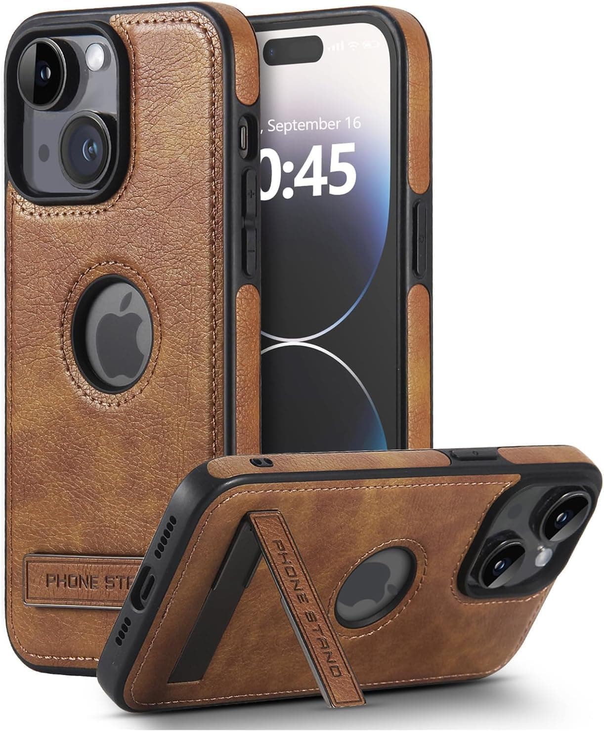 Leather Case for iPhone 13/14, Protective Slim with Kickstand, Built-in Invisible Stand, Compatible with iPhone 13/14 6.1'' (Brown)