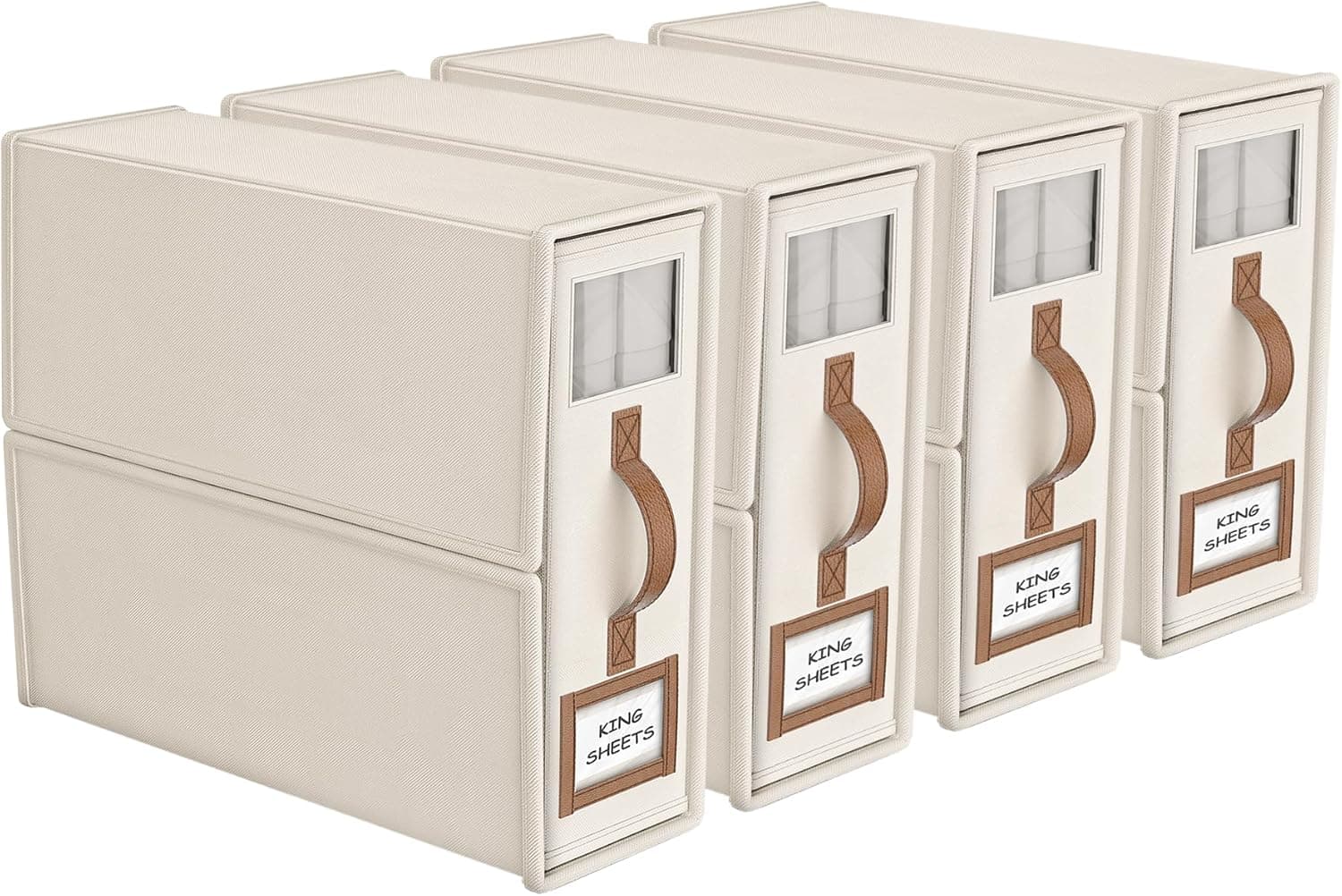 4 Pack Foldable Bed Sheets Set Organizers and Storage(King & Queen Size),Linen Fabric Closet Organizers with Window,Folding Bedding Storage Box for Bedsheets and Pillow Cube Organizer-Beige