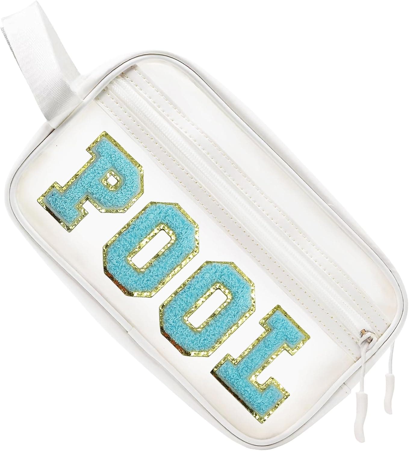 COSHAYSOO Clear POOL Makeup Bag Small Travel Pouch for Women Teenager Girls Pool Accessories Stuff Organizer Preppy Chenille Letter Patch Summer Girly Things