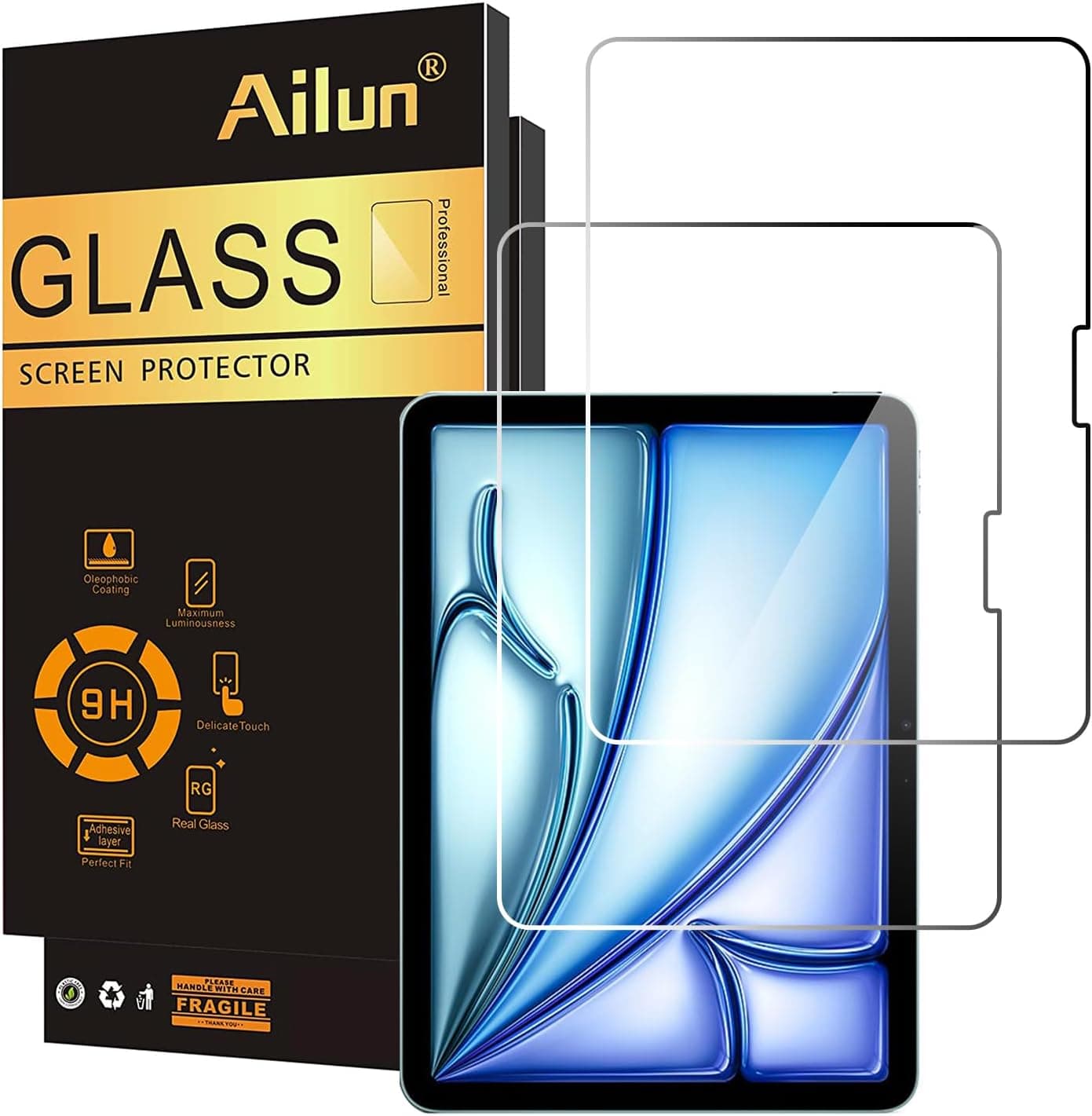 Ailun Screen Protector for iPad Pro 11 inch 2025/2024 [6/5th Generation M5/M4], iPad Air 11 Inch 2025/2024 [7/6th Generation M3/M2],Tempered Glass Face ID Apple Pencil Compatible Case Friendly 2 Pack