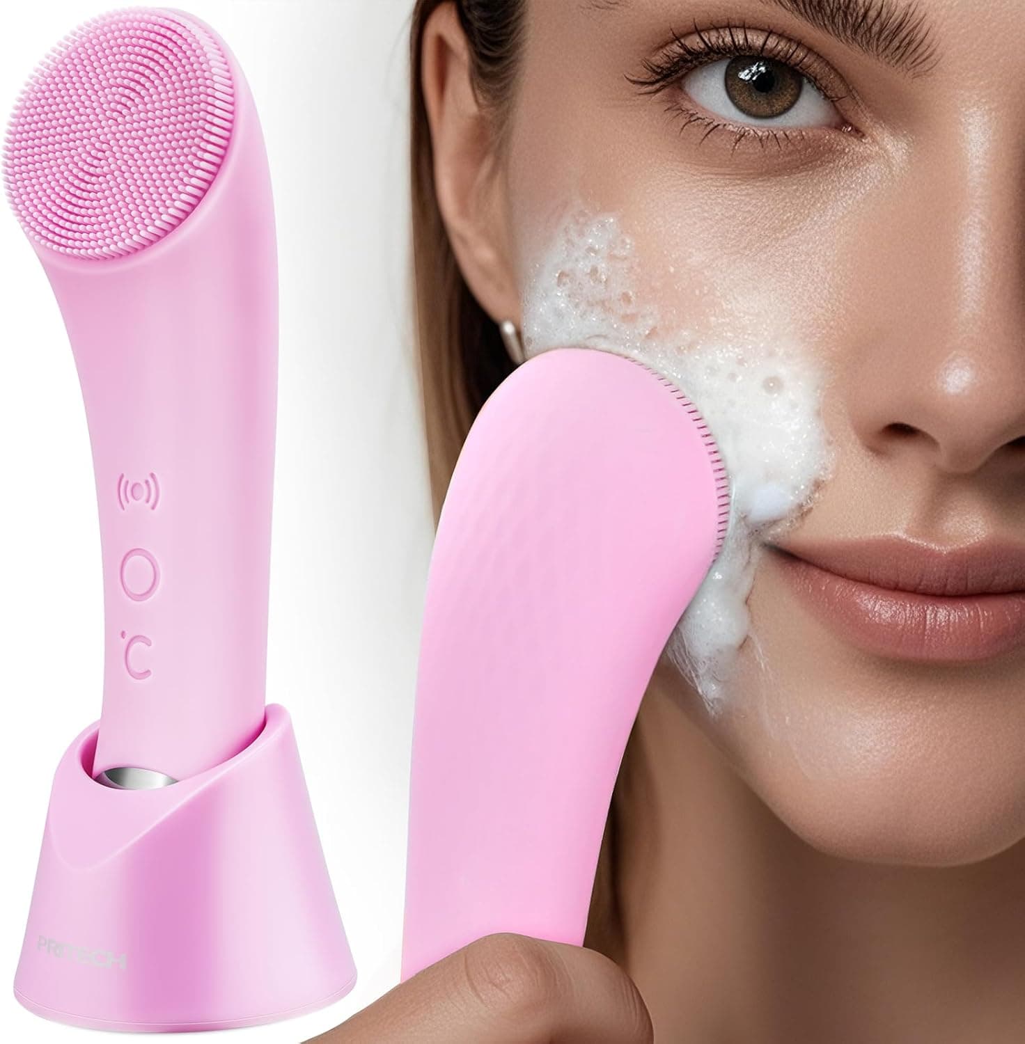 PRITECH Facial Cleansing Brush, Rechargeable Silicone Face Scrubber with Heat Massage End, Vibrating Exfoliator Scrubber for Deep Cleaning, Waterproof Face Brush for Women and Men (Pink)