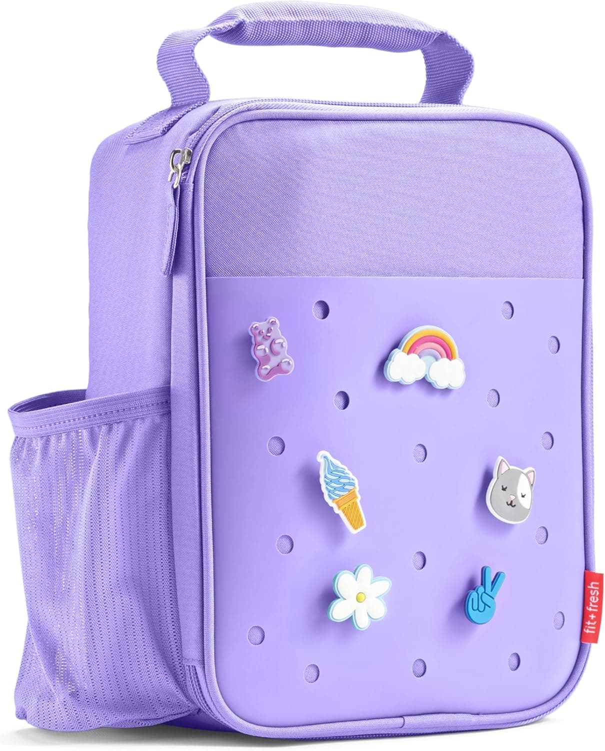 Fit & Fresh Charm Lunch Bag For Kids, Thermal Insulated Lunch Box For Kids Boys & Girls With Shoe Charm Slots For Personalization, School Lunch Box, Purple