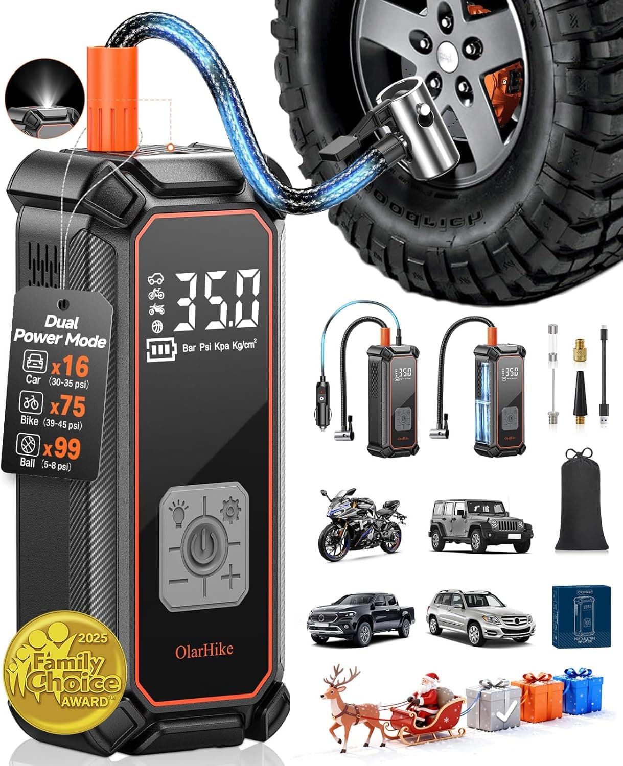 OlarHike Cordless Tire Inflator Portable Air Compressor, 150PSI Dual Power - 5400 mAh & 12V DC, Air Pump for Car Tires, Bike, Motorcycle, Bicycle, Electric Pump with LED Light & Digital Pressure Gauge